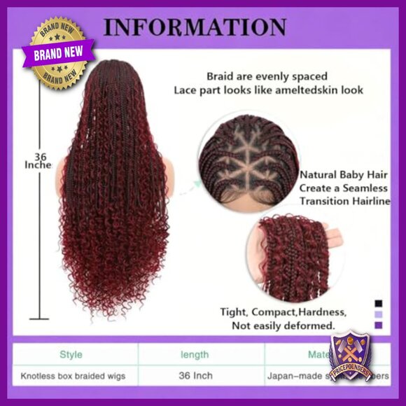 36 Inch Full Lace Box Braided Wig Knotless Boho Curly Glueless Synthetic main image 4